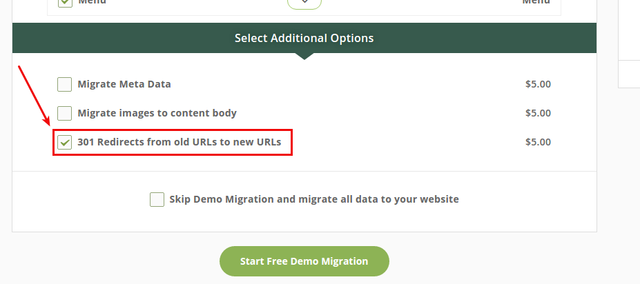 How does “301 Redirects from old URLs to new URLs” option work when migrating to Joomla?