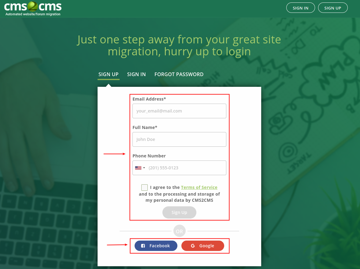 cms2cms registration to migrate wix to wordpress