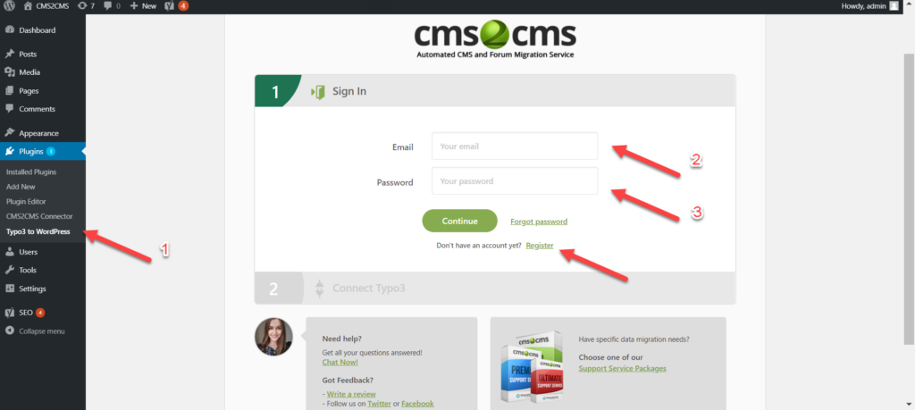 wordpress admin panel sign in to cms2cms
