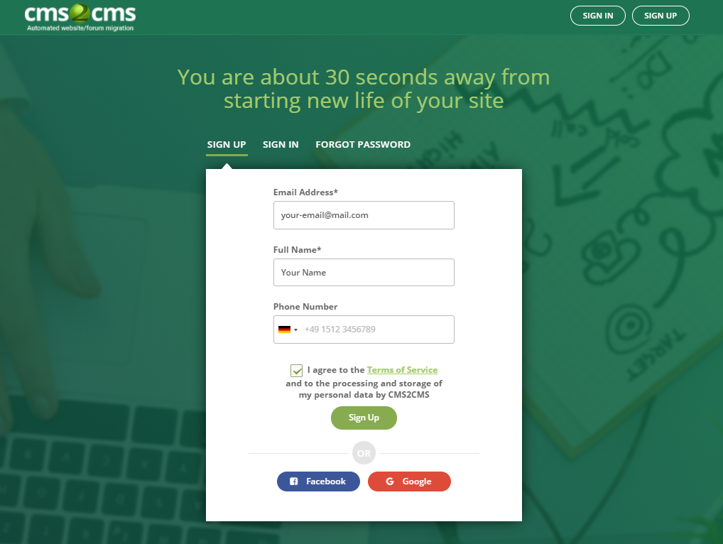 sign up with CMS2CMS